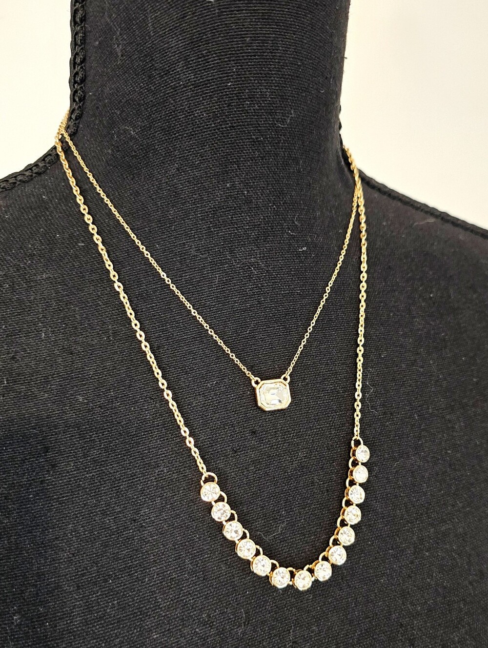 Gold Tone Layered CZ Necklace Double Strand Crystal Pendant Statement Necklace